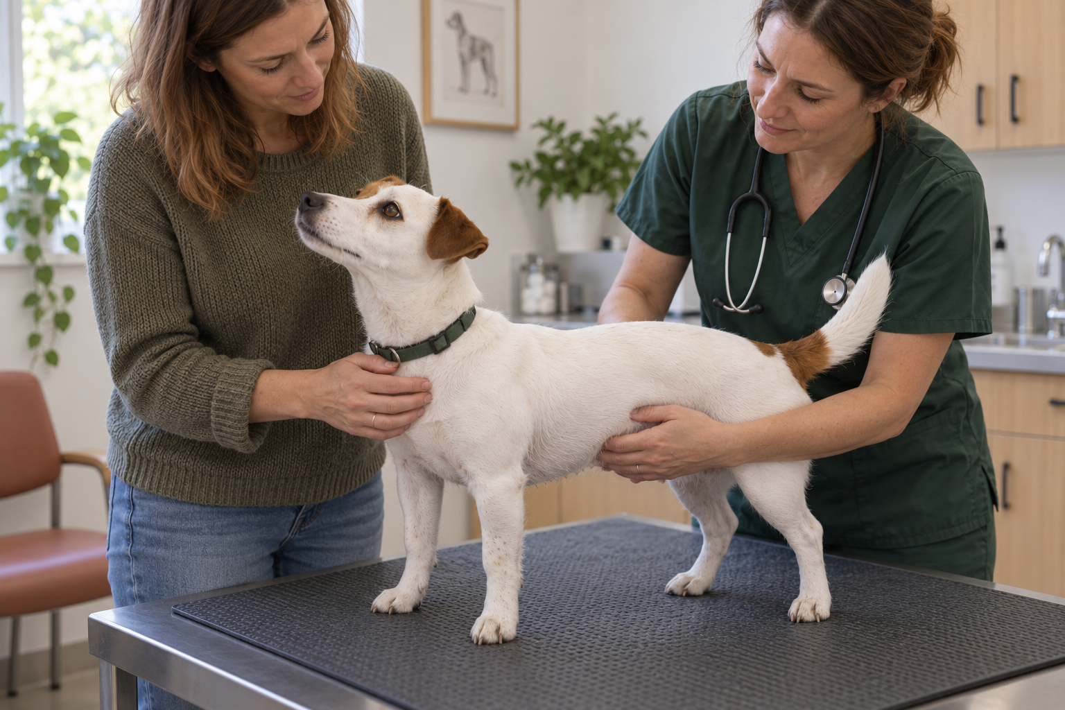 Veterinář vyšetřuje břicho dospělého psa na vyšetřovacím stole